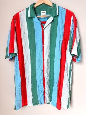 Zara Men’s Multicolor Striped Cruise Festival Linen Blend Short Sleeve Shirt
